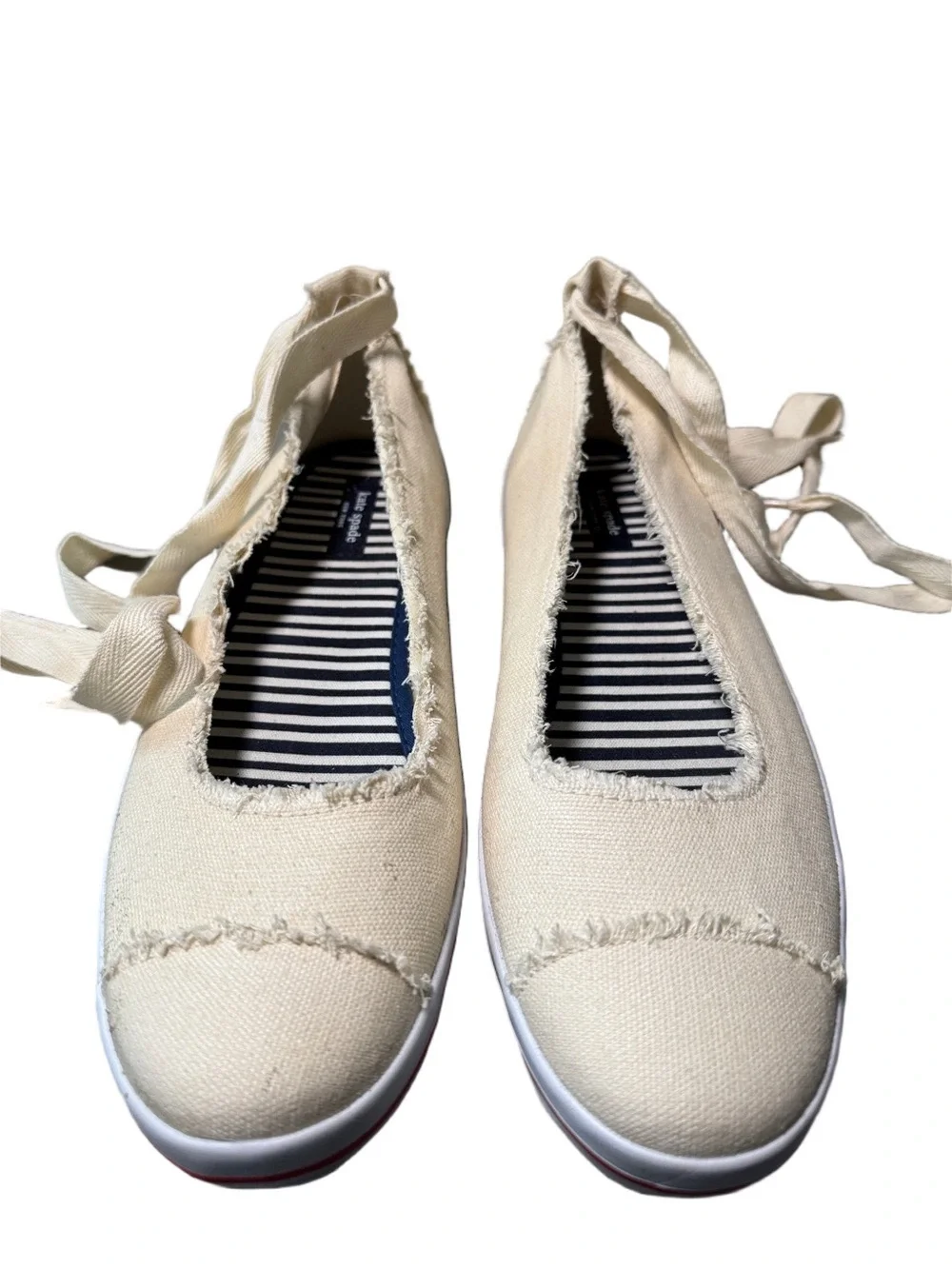 Kate Spade Hayley Cream Canvas Lace-Up Sneakers with Striped Insole Size 9.5 New